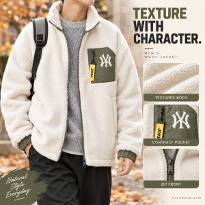 NY men wool Jacket — TEXTURE WITH CHARACTER.; Adult wearing exact jacket over plain grey knit, walking through autumn courty…