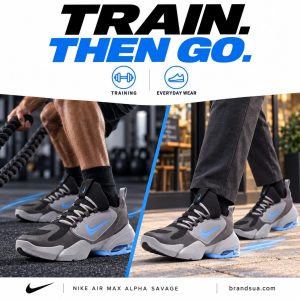 Nike Air Max Alpha Savage 'Black Thunder Grey' AT3378-040 — Designed TRAIN. THEN GO. advertisement with battle-rope training…