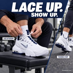 Nike Air Max Alpha Savage White Midnight Navy — Real hands tighten the original white laces on a shoe resting on a low gym b…