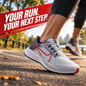 NIKE Air Zoom Pegasus 38 CW7356-200 — Wide low-angle adult runner turning dry park path, full foreground shoe sharp, subtle…