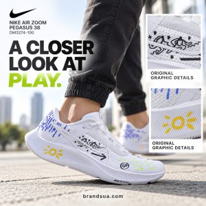 Nike Air Zoom Pegasus 38 DM3274-100 — Macro panels reveal existing playful graphics as purchase appeal.