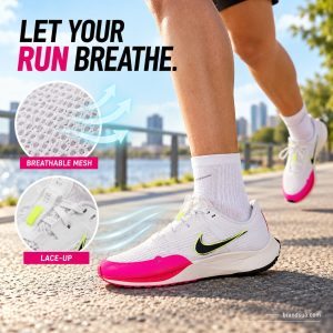 Nike AIR ZOOM RIVAL FLY 3 DJ5426-100 — LET YOUR RUN BREATHE.; Adult running on sunny riverside path wearing exact shoe sourc…
