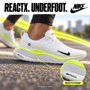 Nike reaction x Infinity DR2665-101 — Physical sole closeup tied to on-foot use communicates the component.