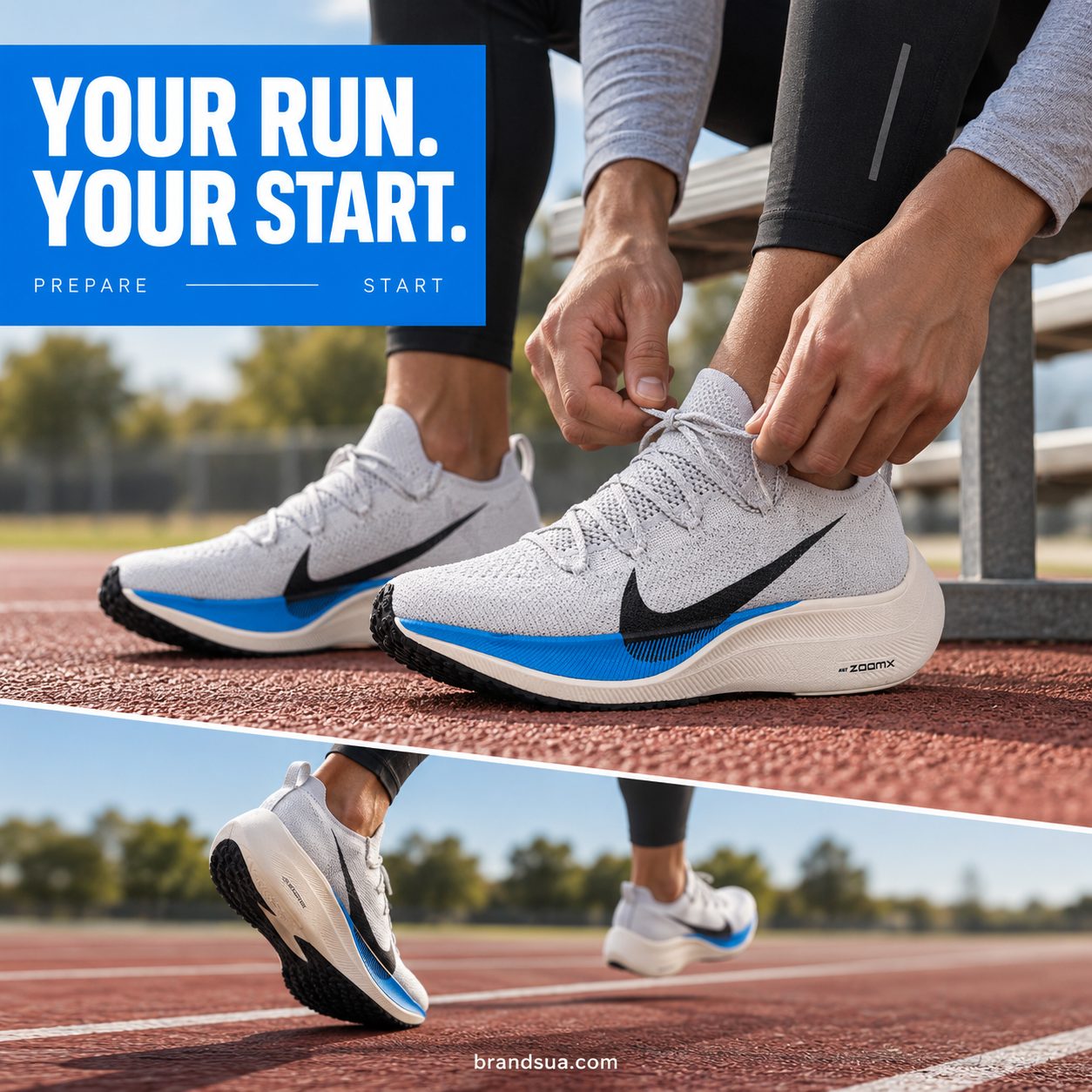 Adult seated on low running-track bench leans forward to tie exact white shoe, second shoe planted; narrow action strip show…