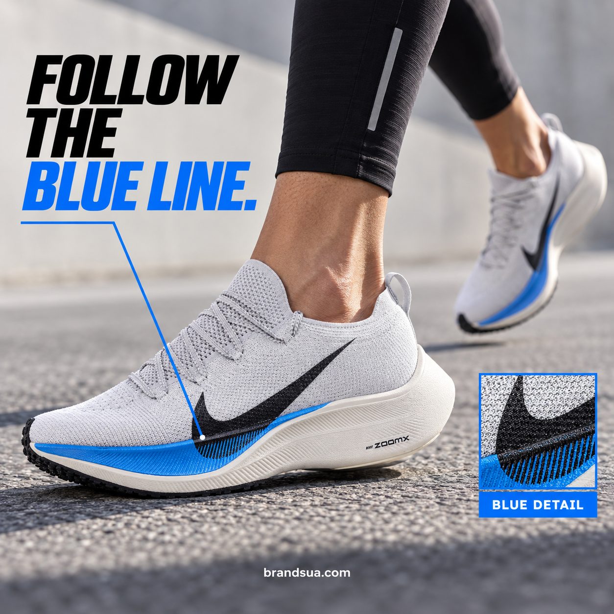 Adult runner strides across plain grey path, side profile exact shoe dominates lower diagonal. Thin GRAPHIC blue rule outsid…