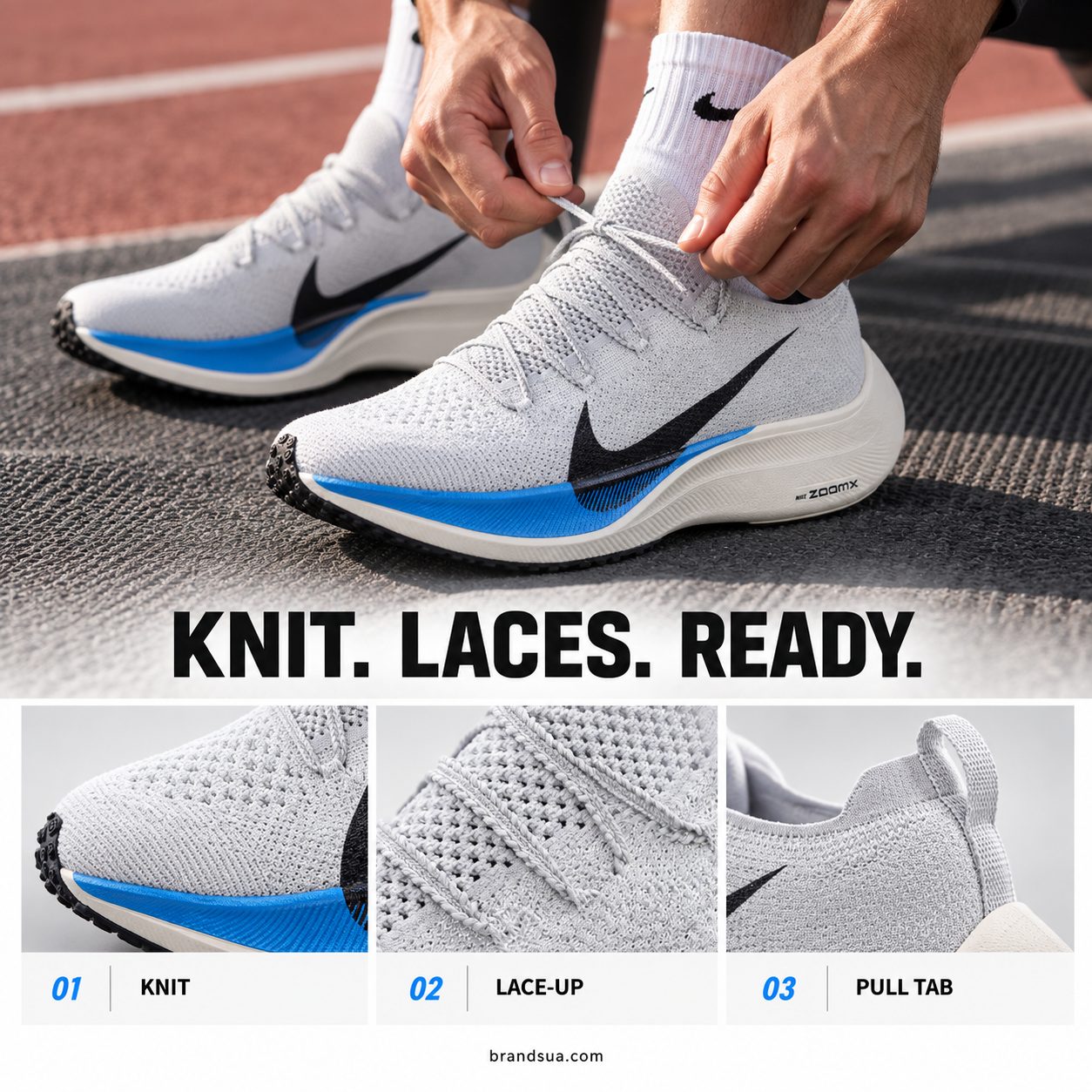 Top-down cropped adult naturally tightening original laces with both hands, exact shoes on a track-side mat. Bottom-third cl…