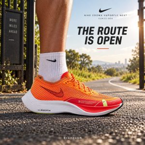 Nike ZoomX Vaporfly Next CU4111-800 — Adult runner drives into first road stride on an empty safe closed running route, ches…