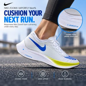 NIKE ZOOMX VAPORFLY Next% white AO4568-103 — CUSHION YOUR NEXT RUN.; Worn shoe landing on road dominates lower two thirds. A…