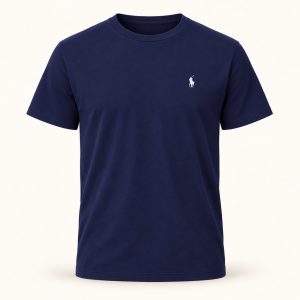Polo Ralph Lauren shirt — Navy blue — front view of navy T-shirt on warm ivory background