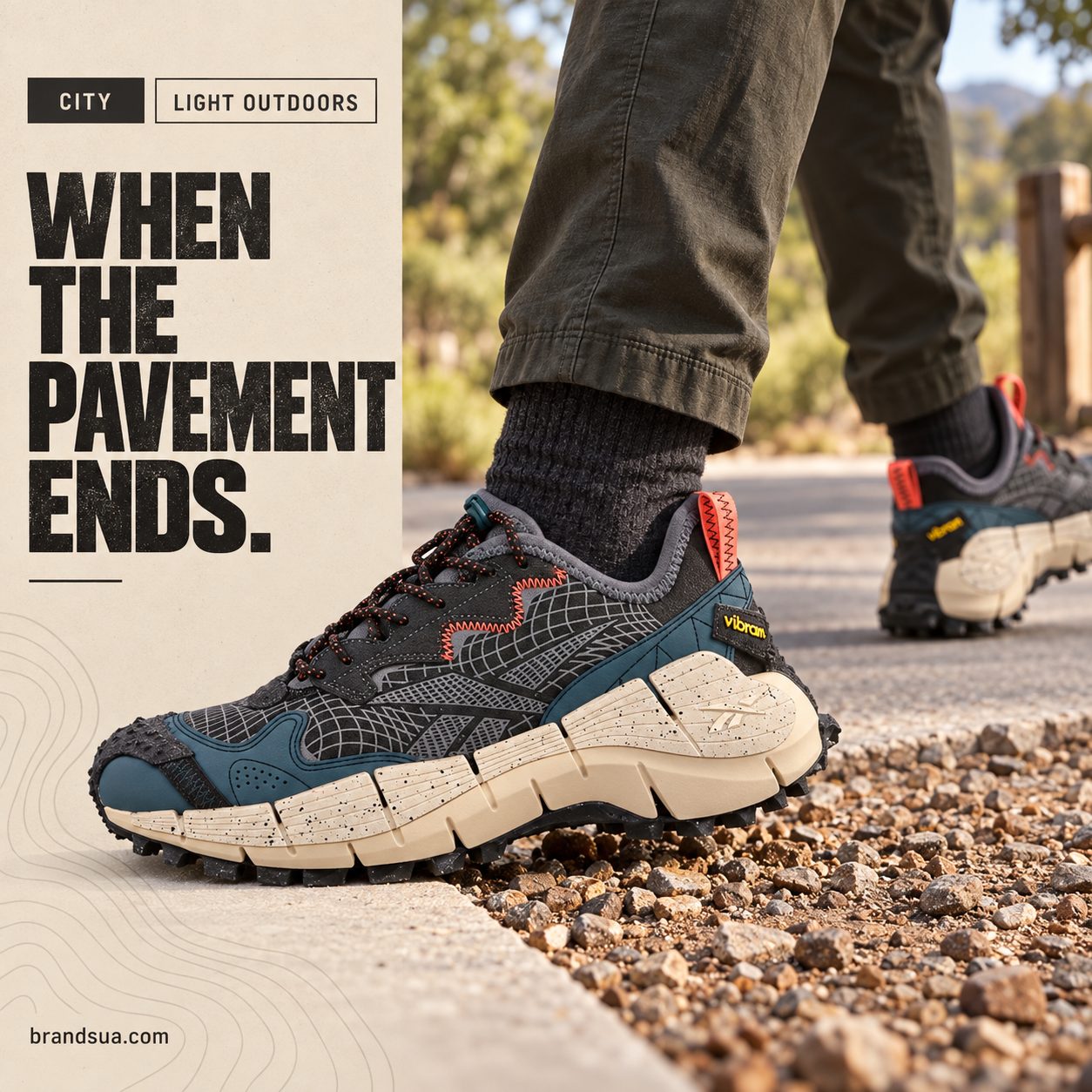 Reebok Zig Kinetica II Edge H00115 — Adult walker taking one purposeful step from clean pavement to dry packed gravel at par…