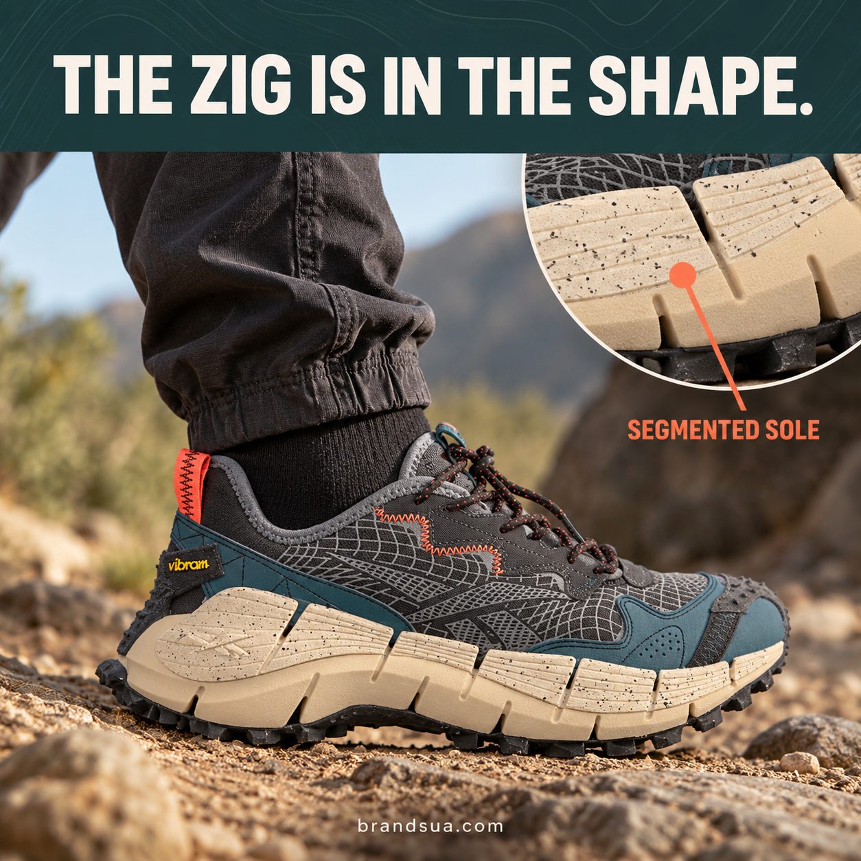 Reebok Zig Kinetica II Edge H00115 — Low side-on exact shoe on foot during ordinary dry path step; an offset enlargement of…