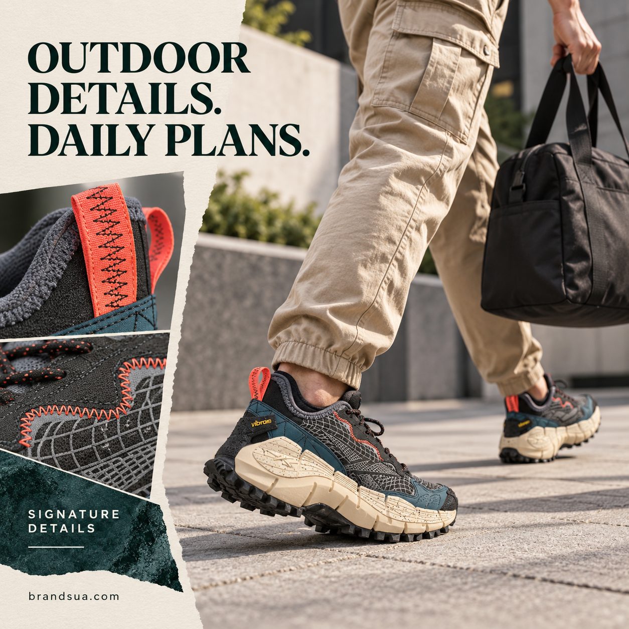 Reebok Zig Kinetica II Edge H00115 — Cropped adult in sand cargo trousers picks up a plain bag and strides through urban cou…