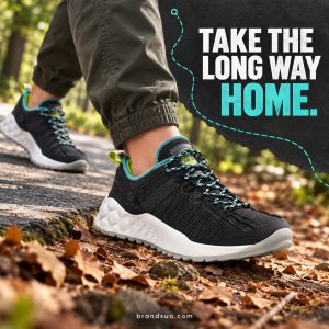 Timberland Greenstride SOLAR WAVE — Cropped walker taking a deliberate step from paved path onto an easy wooded footpath, ex…