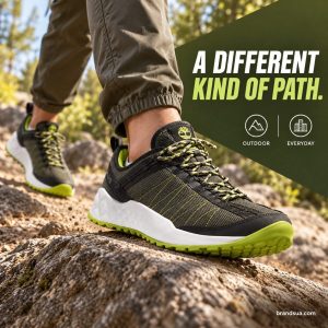 Timberland Greenstride Solar Wave — Low-angle actual hiker stepping across a low DRY rock in an easy park trail, cropped wai…