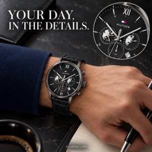 TOMMY HILFIGER EVAN DUAL TIME -1710395 — Close-up adult left wrist wearing exact watch while signing a notebook, navy shirt…
