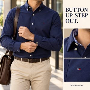 Tommy Long-sleeved Oxford pure cotton — Chest-to-hip cropped adult fastening cuff while leaving hallway with work bag. Exact…
