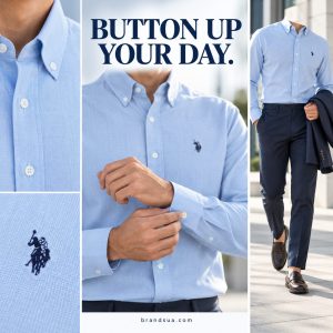 U.S POLO For men- winter — Three vertical editorial rhythm panels, largest middle: cropped adult fastening baby-blue cuff be…