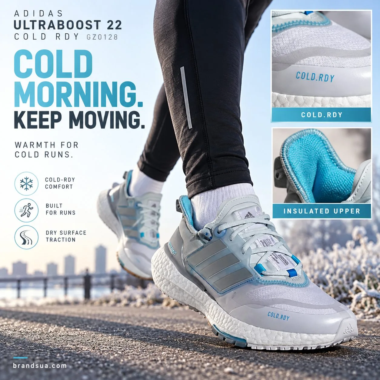 Adidas Ultraboost 22 COLD RDY GZ0128 — COLD MORNING. KEEP MOVING.; Adult runner lower legs in long tights stepping onto cold…