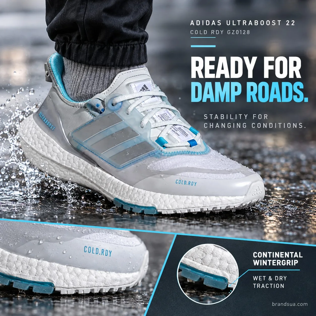 Adidas Ultraboost 22 COLD RDY GZ0128 — READY FOR DAMP ROADS.; Actual worn front-side shoe on damp pavement with small periph…