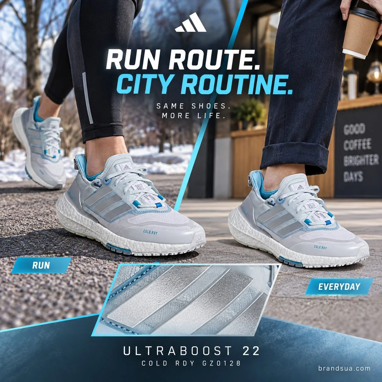 Adidas Ultraboost 22 COLD RDY GZ0128 — RUN ROUTE. CITY ROUTINE.; Split two real-use cropped adults: tights at dry winter par…