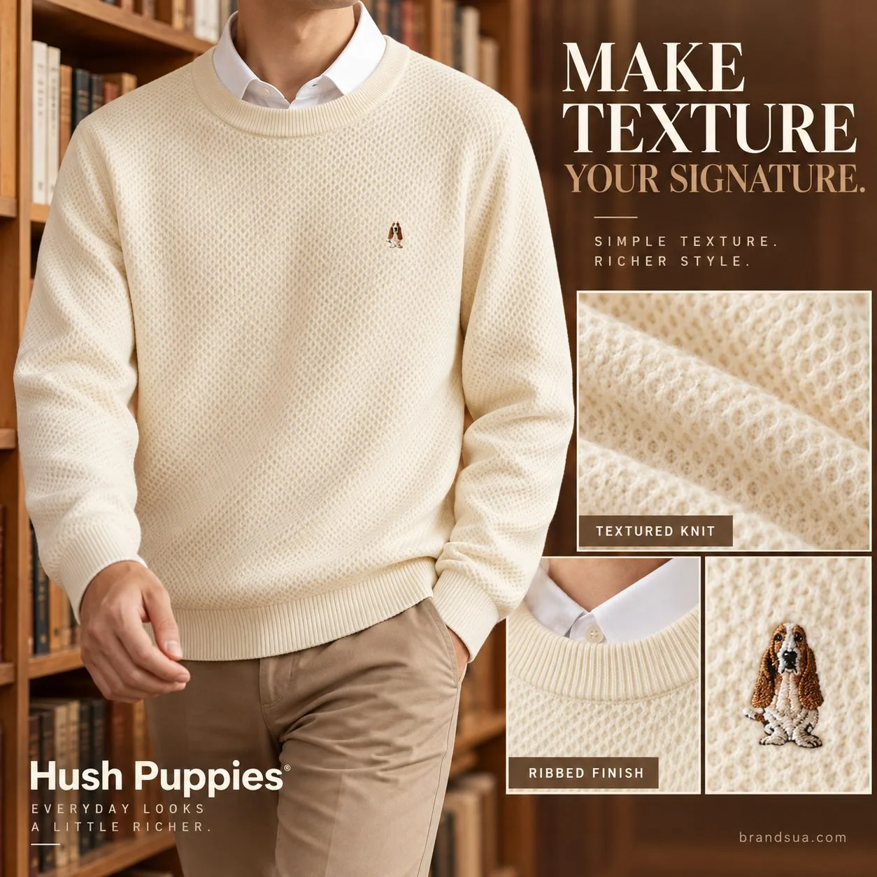 Hush puppies long-sleeved solid — MAKE TEXTURE YOUR SIGNATURE.; Adult wearing exact cream sweater over plain white collared…