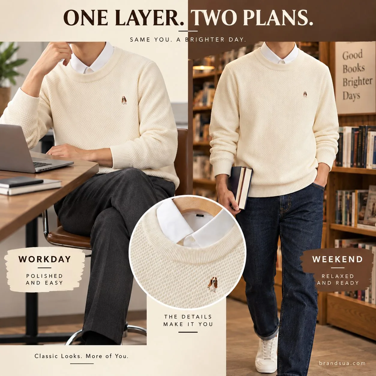 Hush puppies long-sleeved solid — ONE LAYER. TWO PLANS.; Two noface adult actual-use panels exact sweater over whitecollar w…