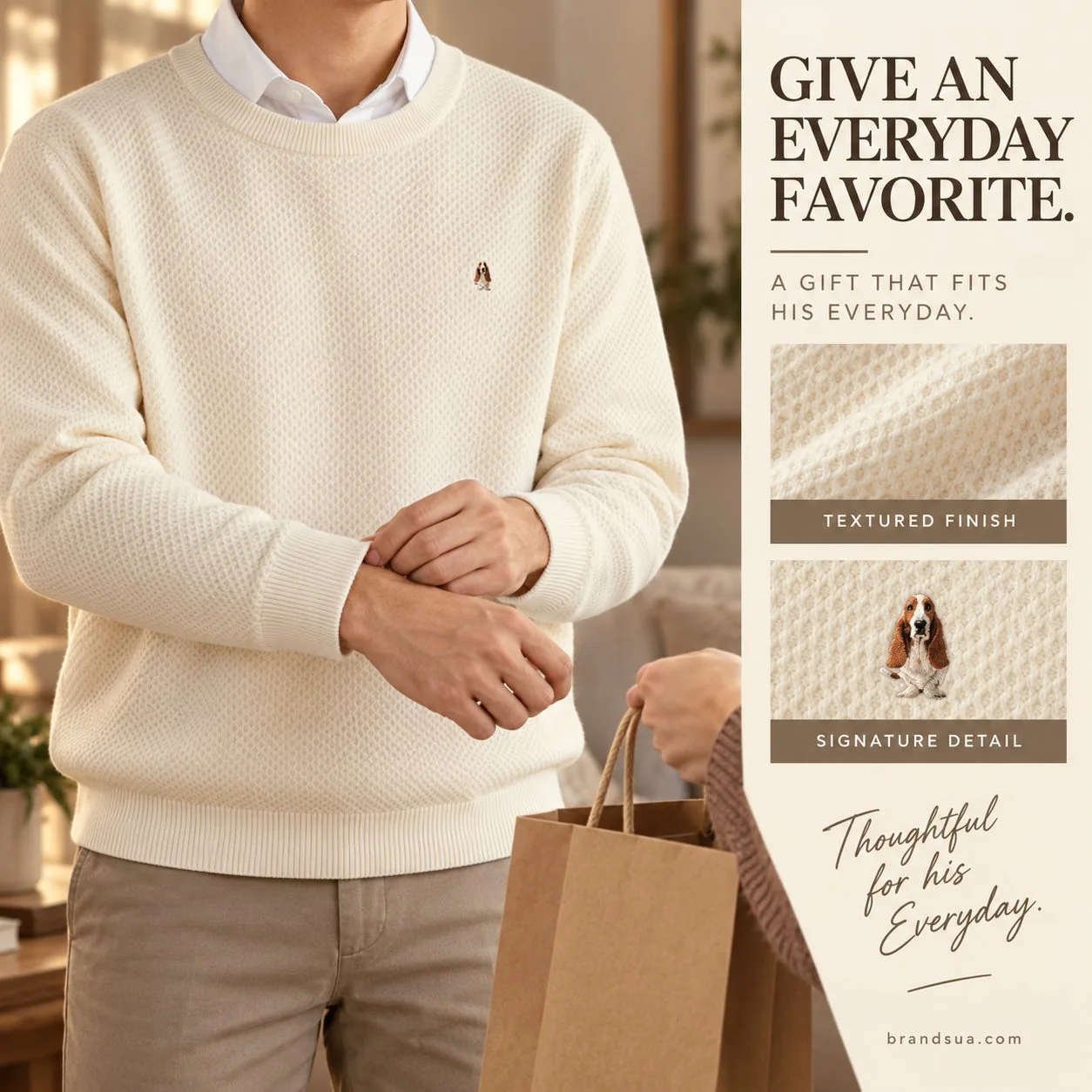 Hush puppies long-sleeved solid — GIVE AN EVERYDAY FAVORITE.; Adult wears exact cream sweater at home adjusting cuff while s…