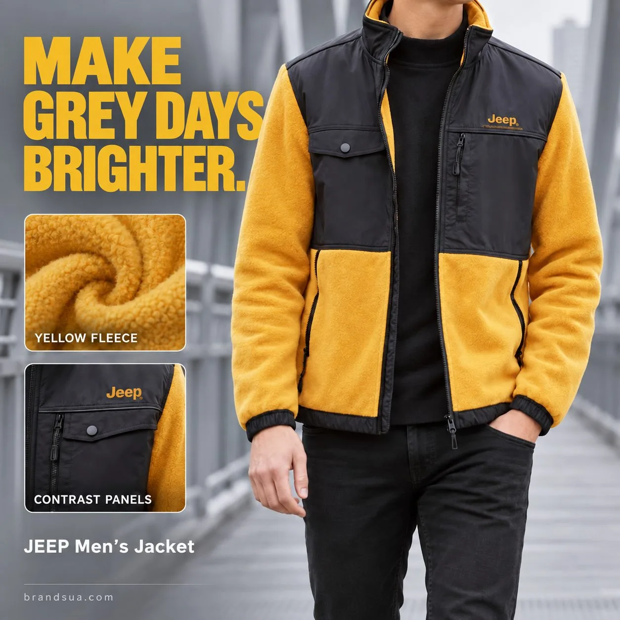 JEEP Men's Jacket-winter — MAKE GREY DAYS BRIGHTER.; Adultneckdown exactjacket against mutedgrey pedestrianbridge walkingwit…