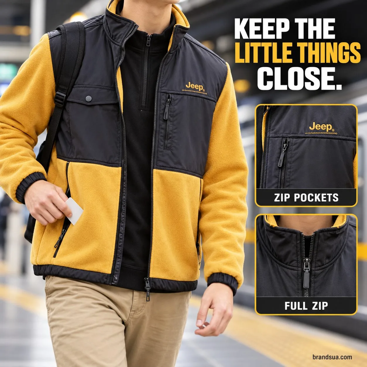JEEP Men's Jacket-winter — KEEP THE LITTLE THINGS CLOSE.; Torso neckdown adult wearing exactjacket and hand drawing plaintra…