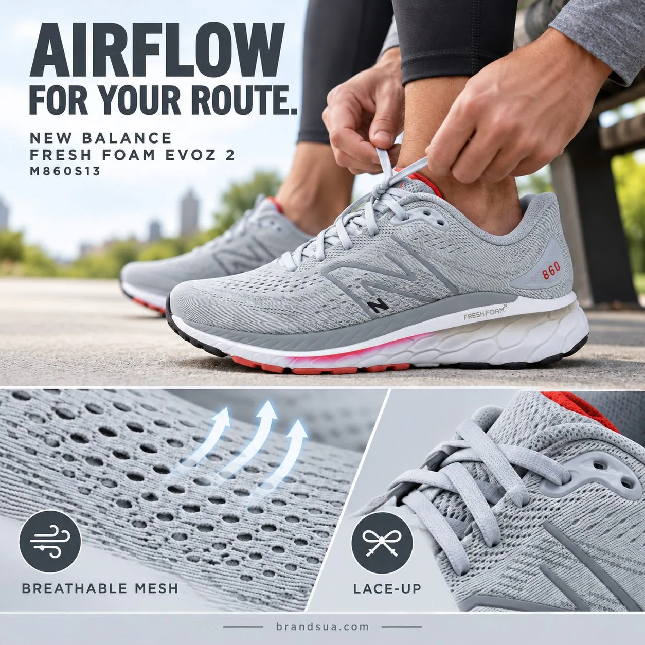 New Balance Fresh Foam EVOZ 2 Grey M860S13 — AIRFLOW FOR YOUR ROUTE.; Adult hand adjusts worn shoe laces at park bench then…