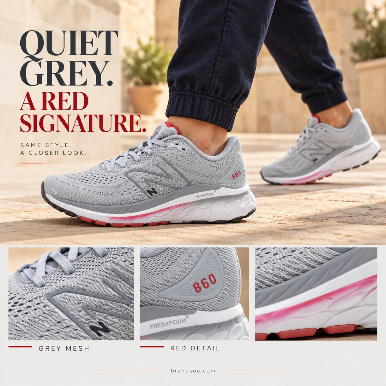 New Balance Fresh Foam EVOZ 2 Grey M860S13 — QUIET GREY. A RED SIGNATURE.; Adult in navy casual joggers moving across warm s…