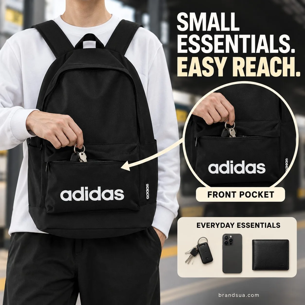 Adidas Backpack - Black — SMALL ESSENTIALS. EASY REACH.; Neck-down adult carries exact black backpack front-facing at transi…