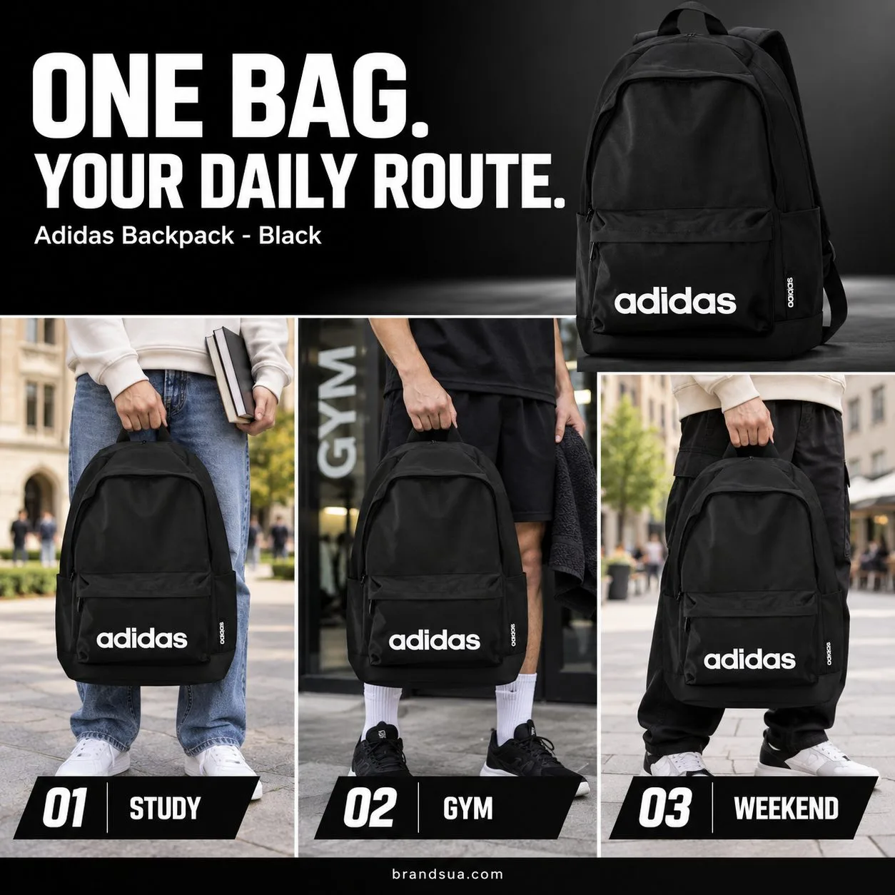 Adidas Backpack - Black — ONE BAG. YOUR DAILY ROUTE.; Three horizontal scenes adult neck-down holding backpack original fron…