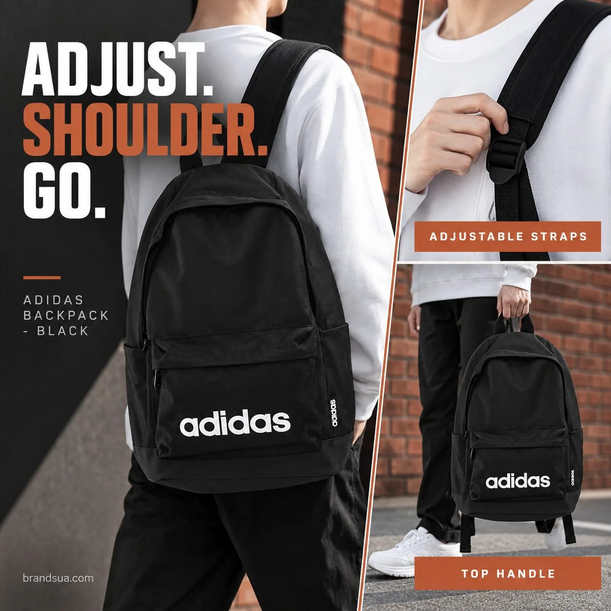 Adidas Backpack - Black — ADJUST. SHOULDER. GO.; Two editorial panels adult neckdown adjusting visible strap buckle, then ho…