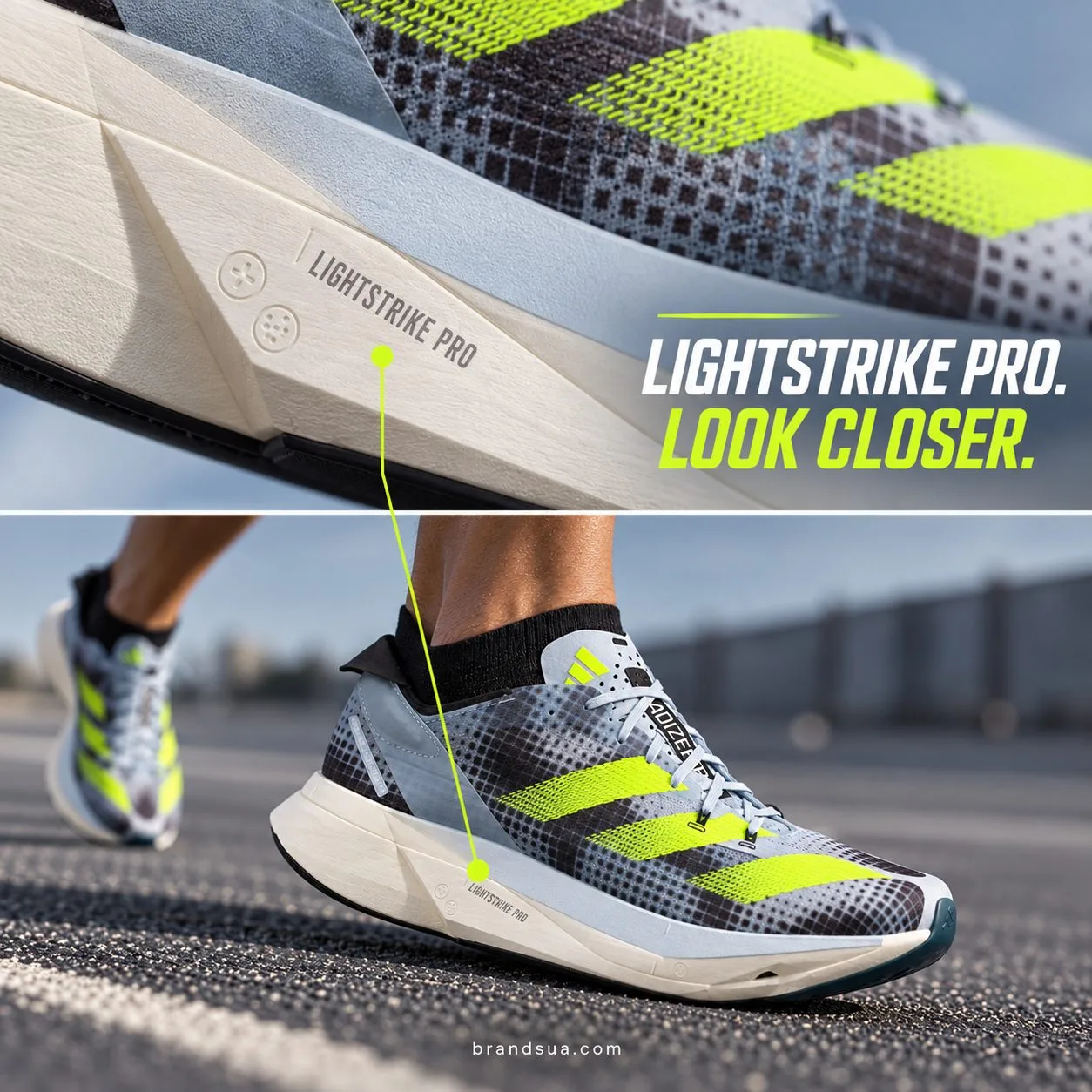 Adidas ADIZERO TAKUMI SEN 9 running IG3132 — Hard editorial near-ground running stride with exact shoe sharp on track, sidew…