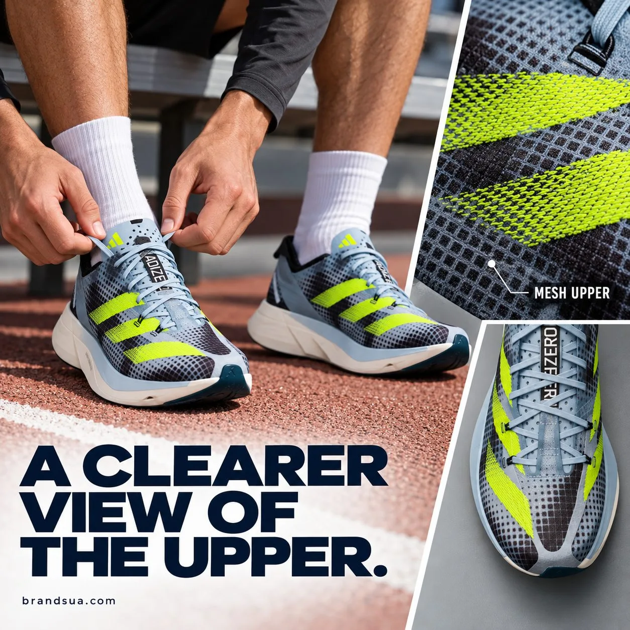 Adidas ADIZERO TAKUMI SEN 9 running IG3132 — Top-down adult athlete seated to lace exact shoes on a clean track bench, both…