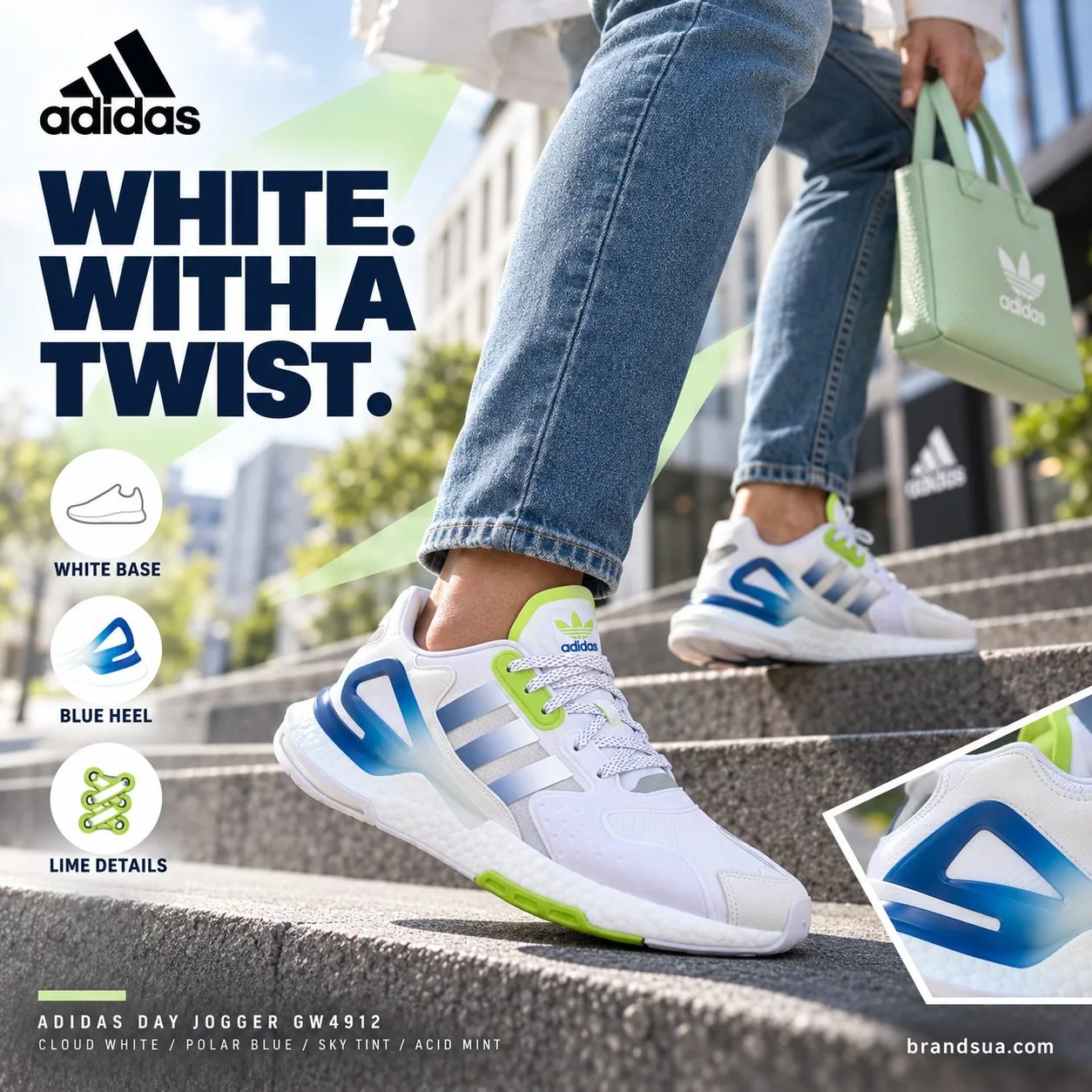 Adidas Day Jogger Gw4912 — White outfit and a small mint accessory echo actual shoeaccents, a precise detailcrop proves thec…