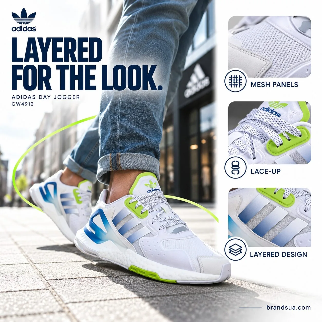 Adidas Day Jogger Gw4912 — Walkingfoot hero and two magnified visiblelayers explain the actualsurface design without a perfo…