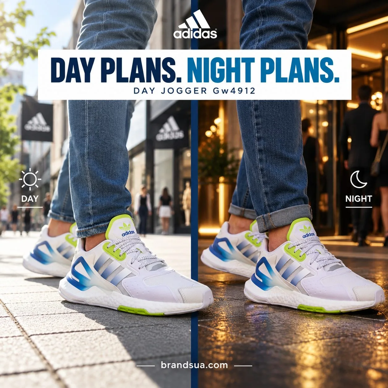 Adidas Day Jogger Gw4912 — Split daylightshoppingwalk and eveningsocialarrival show the same shoe inactualuse and changedenv…