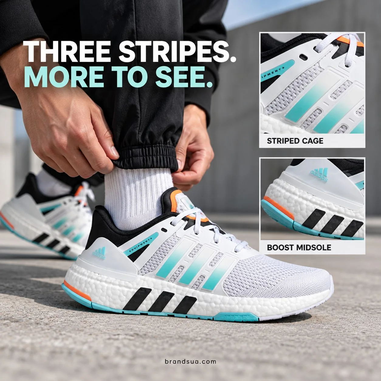Adidas Equipment GW5836 — On-foot side profile while adjusting trouser hem, inset upper cage and separate midsole macro labe…