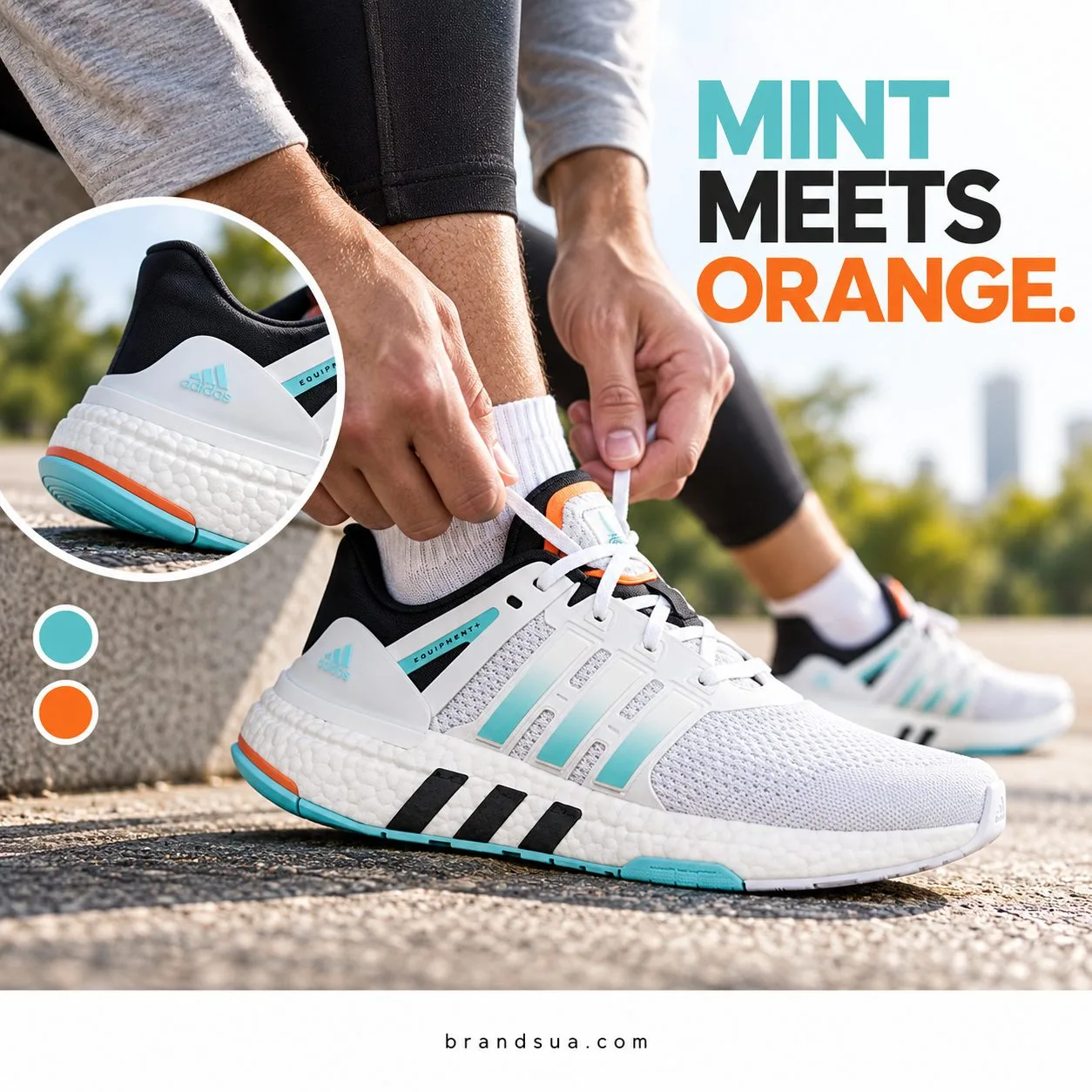 Adidas Equipment GW5836 — Adult ties laces before easy park run, diagonal close view with heel in secondary angle inset. Two…