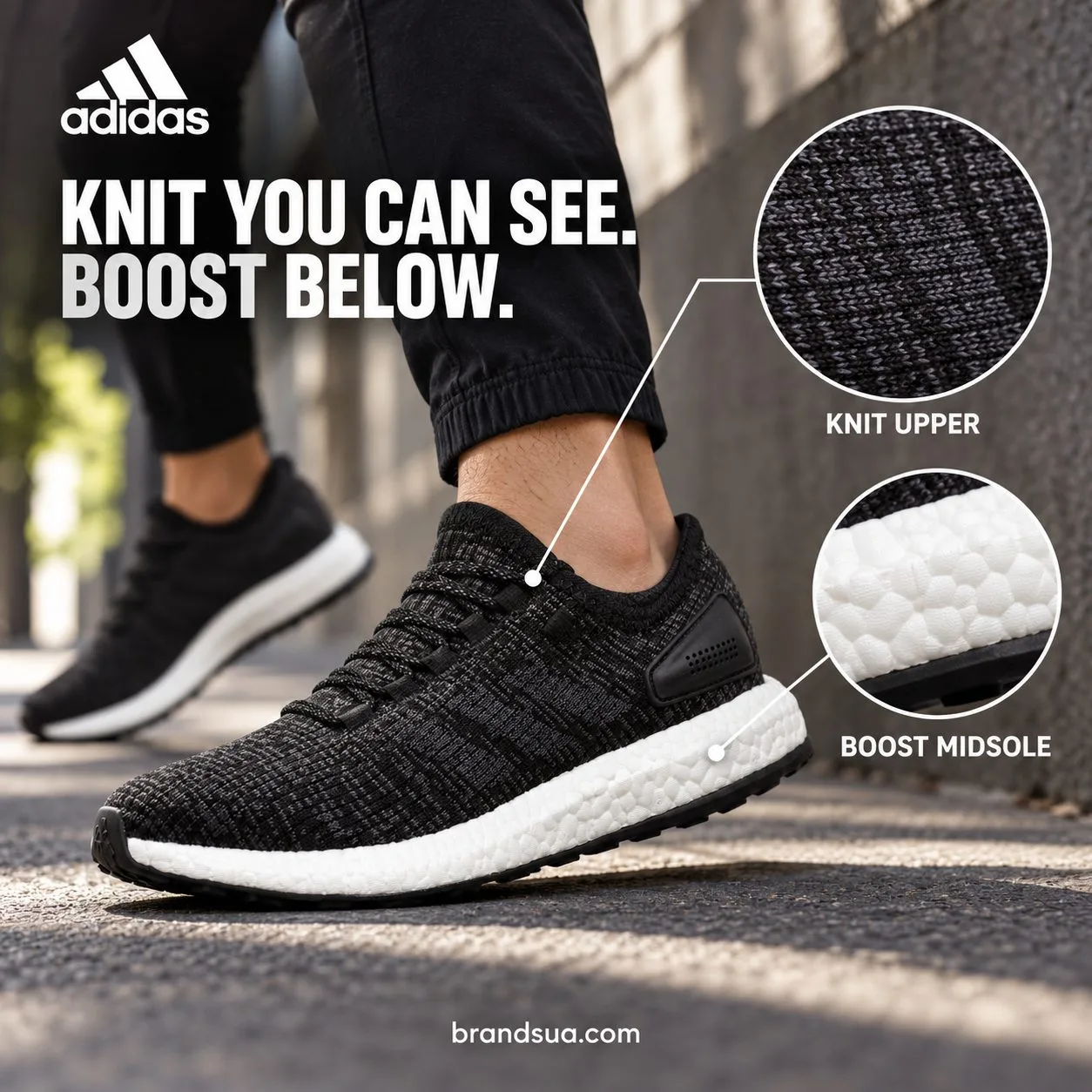 Adidas pure Boost shoe CP9326 — Two construction regions visually mapped to the actual worn shoe.
