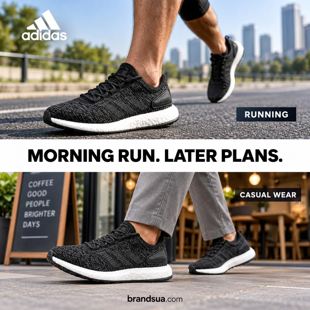 Adidas pure Boost shoe CP9326 — Two distinct outfits answer practical versatility question.