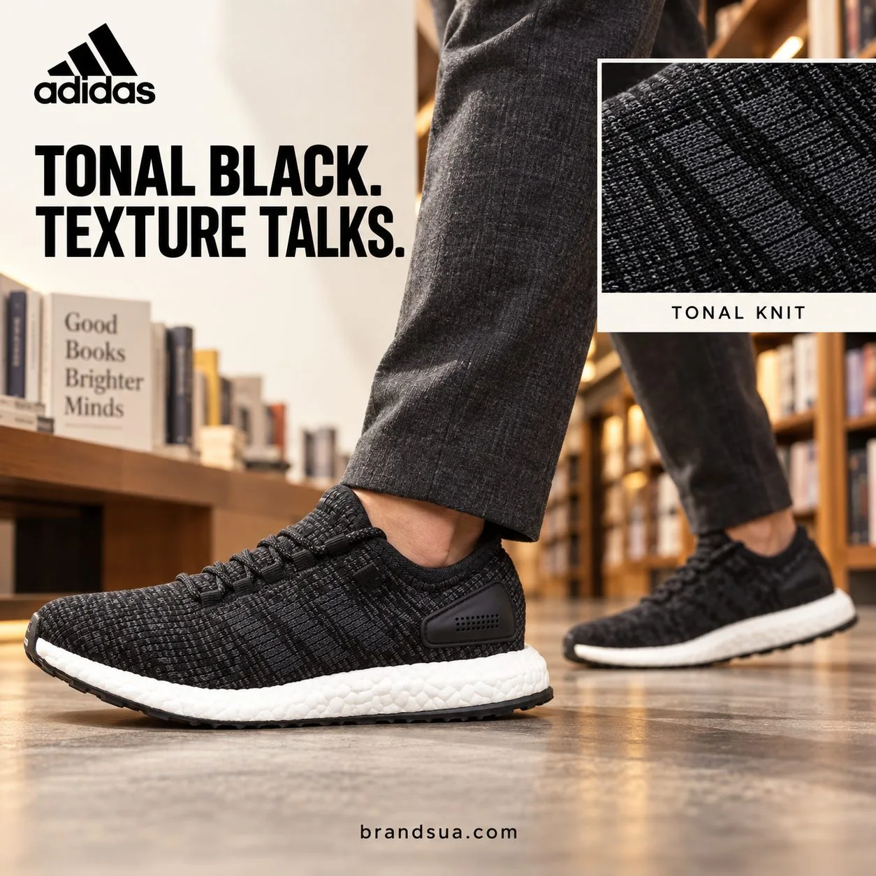 Adidas pure Boost shoe CP9326 — Quiet outfit lets marled surface be the styling focal point.