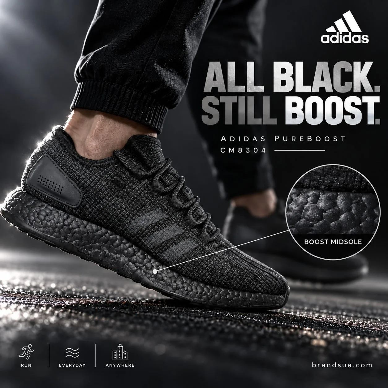 Adidas Pure Boost Triple Black CM8304 — Bright rimlight reveals actual foam texture in allblack design.