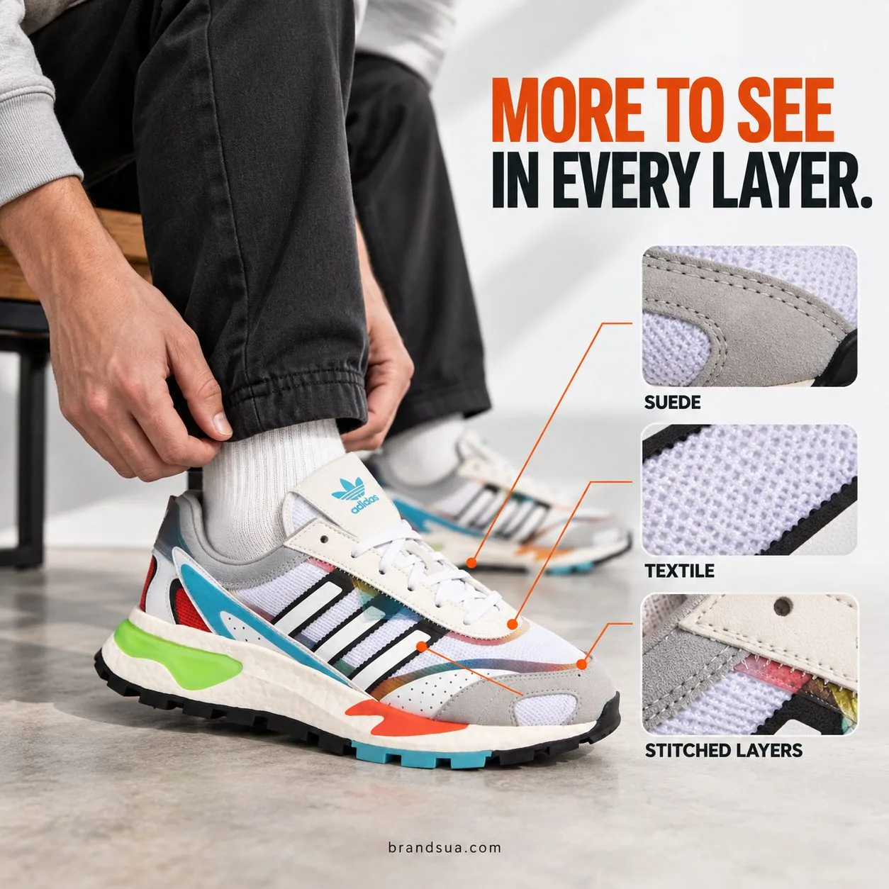 Adidas Retropy P9 Cloud H03084 — Cropped adult seated on low bench adjusting trouser hem, shoe side visible; three staggered…