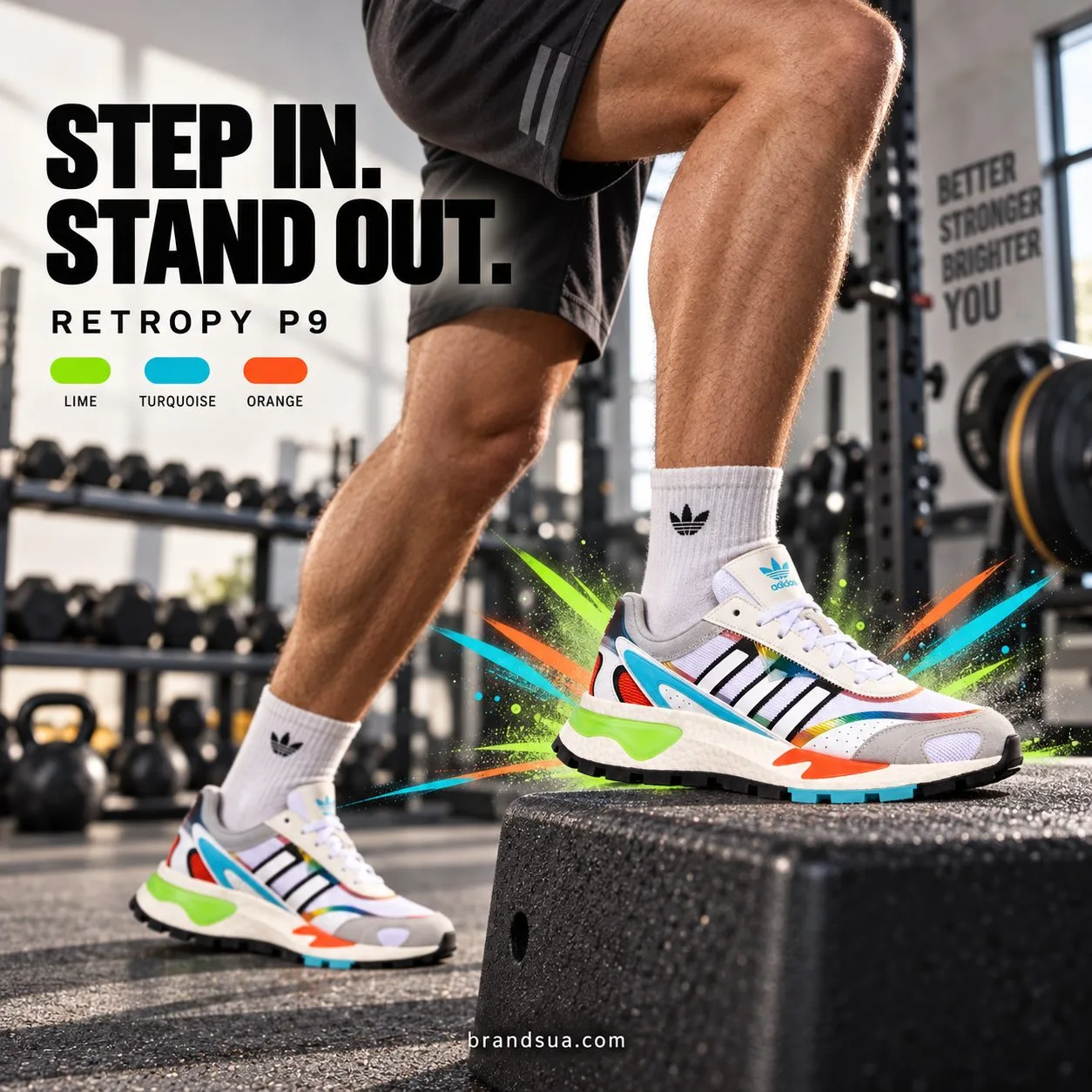 Adidas Retropy P9 Cloud H03084 — Adult walking past pale concrete in plain offwhite trousers. Large dominant shoe at bottom…