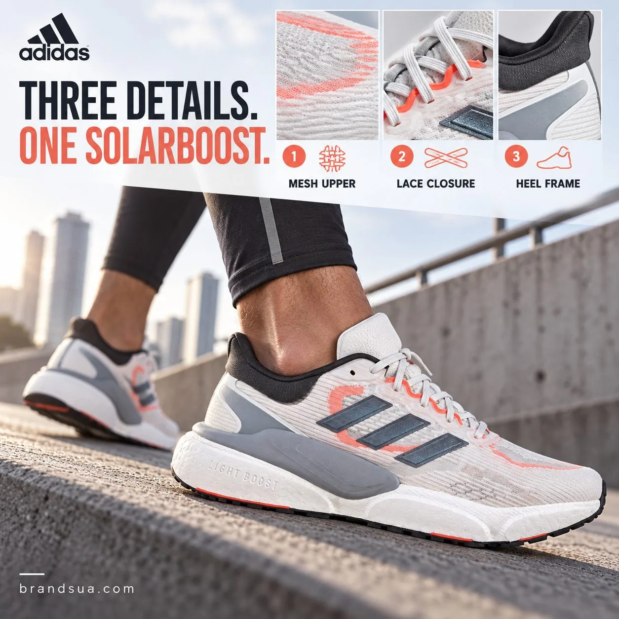 Adidas Solarboost 5 Men's Crystal White Grey GW1962 — Three microdetail windows name clearlyvisiblecomponents around one on-…