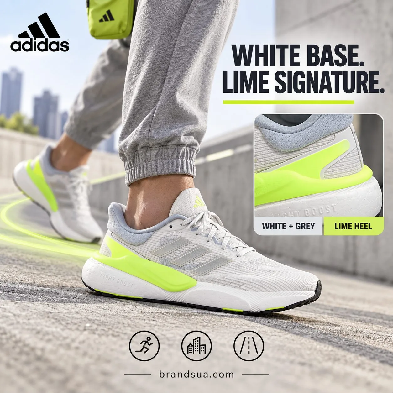 Adidas Solarboost 5 Running Shoes IF4846 — Adult activecitystride in grayjoggers and tiny limebagdetail repeats theheelcolor…