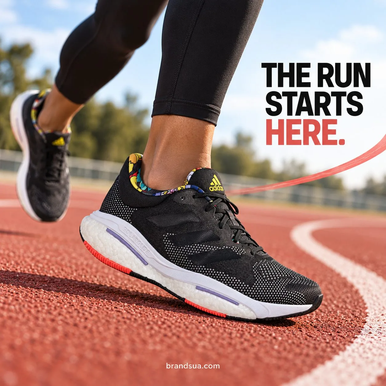 Adidas SolarGlide 5 Black GX5471 — Knee-down athlete pushes into a full forward running stride on red track, foreground shoe…
